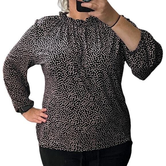 Adrianna Papell X-LARGE Moss Crepe Ruffle Neck 3/4 Sleeve Heart Patterned Top - Picture 2 of 14